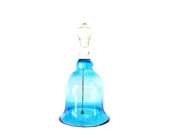 Campana vintage grande de cristal azul zafiro transparente, campana de mano de cristal azul transparente, hermosa, 8"