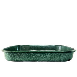 Bandeja rectangular pequeña de esmalte verde vintage para hornear.