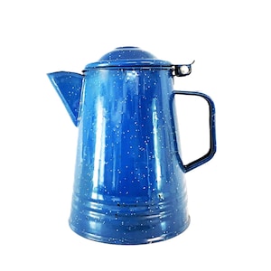 Mid Sized Blue and White Speckled Enamelware Kettle Farmhouse Kitchen Blue Enamelware Coffee Pot Kettle Shabby Chic Blue Enamel Kettle
