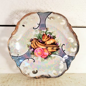 Vintage Irridescent Cut Out 8&quot; Unmarked Fruit Themed China Plate/Farmhouse Kitchen Decorative Plate/Shabby Chic Unmarked China Plate