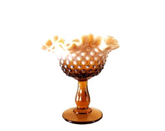 Fenton Kunstglas Hobnail Kompott Root Beer Bernstein Opalisiert Doppelter Rüschenrand 6"
