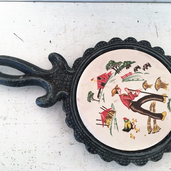 Farmhouse Kitchen Cast Iron Old Ceramic Tile Farm Scene Trivet/Shanny Chic Kitchen Cast Iron Farmstyle Trivet/Decorative Farm Kitchen Trivet