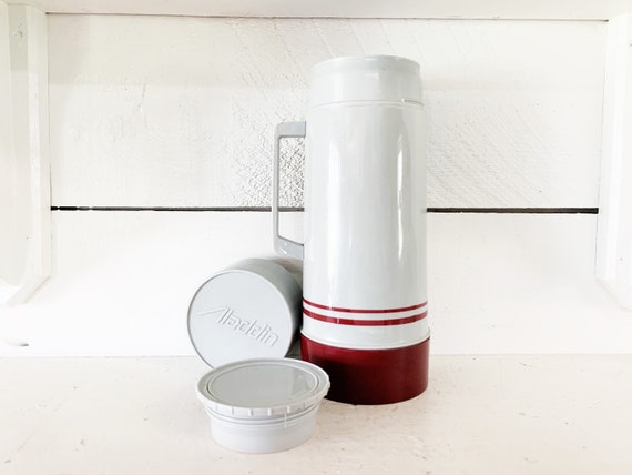 Vintage Aladdin's Gray and Maroon Quart Size Vacuum Thermos With