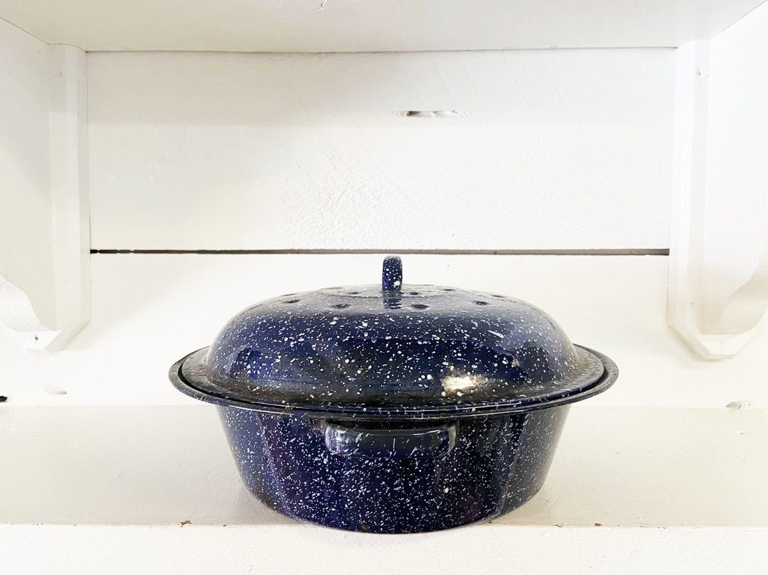 Mid Size Blue and White Speckled Enamelware Roasting Pan With Original