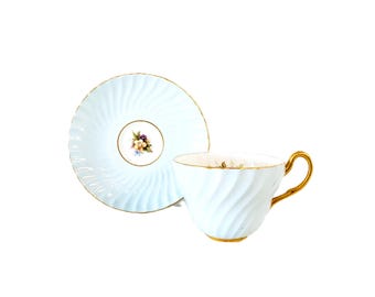 Vintage Soft Pastel Blue EB Foley Floral Swirl Teacup and Matching Saucer/English Teacup/Vintage Foley English Teacup and Saucer