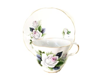 Royal Dover Fine Bone China Teacup and Saucer – White Rose Floral Design
