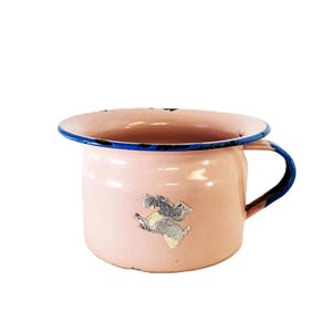 May include: A light pink enamel chamber pot featuring a dark blue rim and a matching blue handle. The exterior surface displays a small, weathered graphic decal of a grey and white animal figure, with visible signs of wear along the metal edges.
