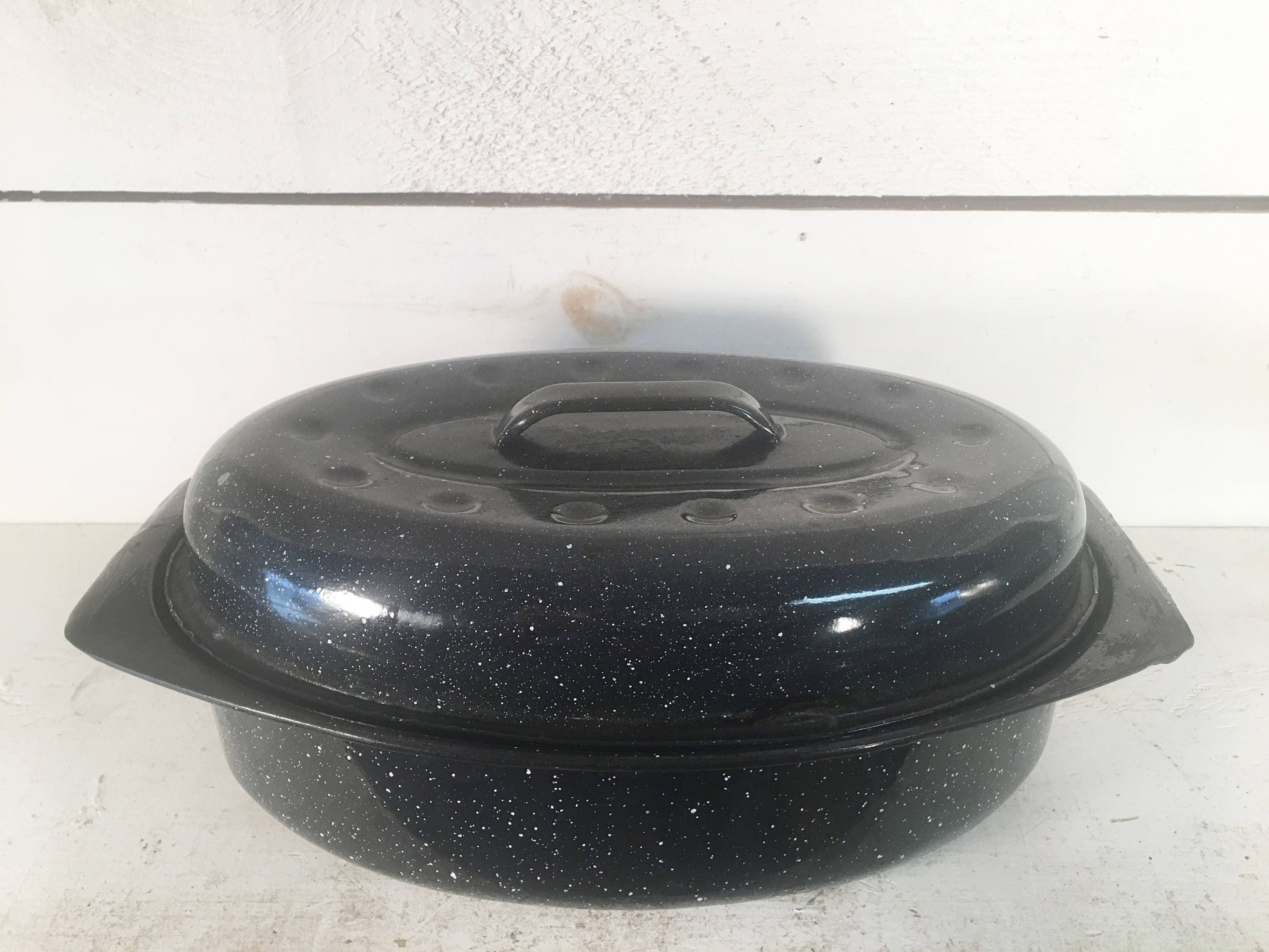 Black and White Speckled Enamelware Small Roasting Pan with Etsy