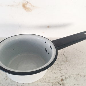 Small White/Gray Speckled and Black Trimmed Enamelware Sauce Pot/Farmhouse Kitchen Small Enamel Saucepan/ Gray Speckled Enamelware Pot image 3