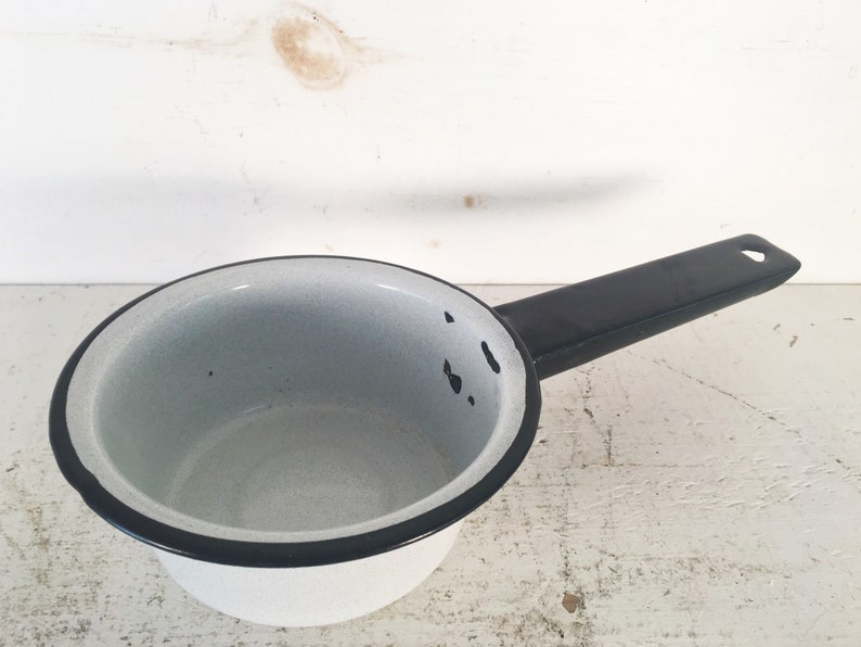 Small White/Gray Speckled and Black Trimmed Enamelware Sauce Pot/Farmhouse Kitchen Small Enamel Saucepan/ Gray Speckled Enamelware Pot image 3