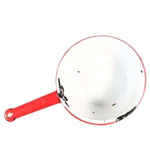 Large Rustic Enamelware Sauce Pot: White with Red Trim, Farmhouse Kitchen Accessory