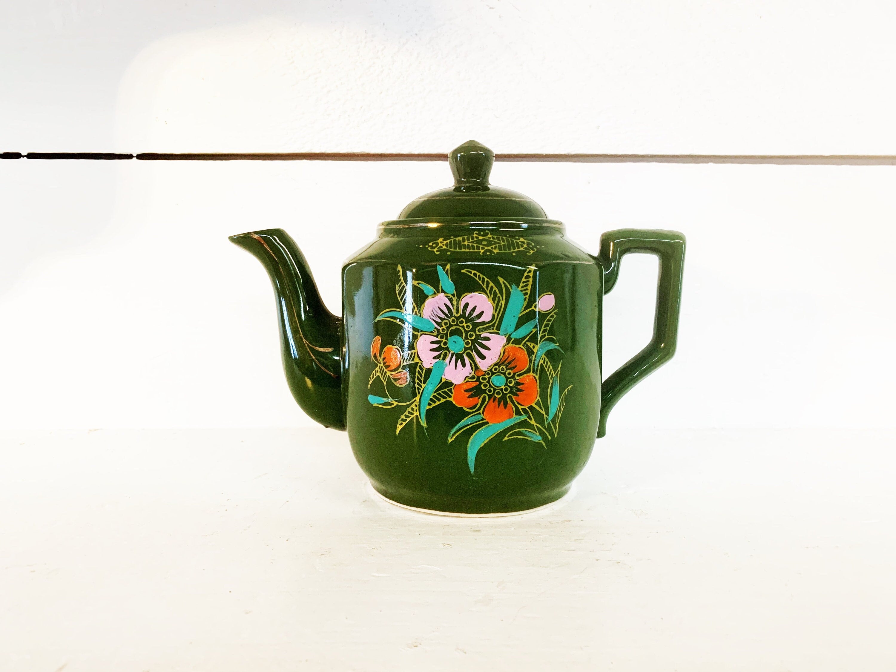 Vintage Japanese China Green Floral Teapot/Asian Themed Small Green Teapot