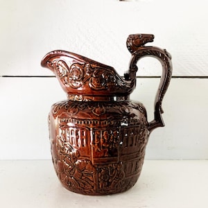 Antique Rockingham Horse Pitcher Stunning Rockingham Batter Pitcher Arthur Wood Bennington Equestrian Hunt Scene Glazed Pottery