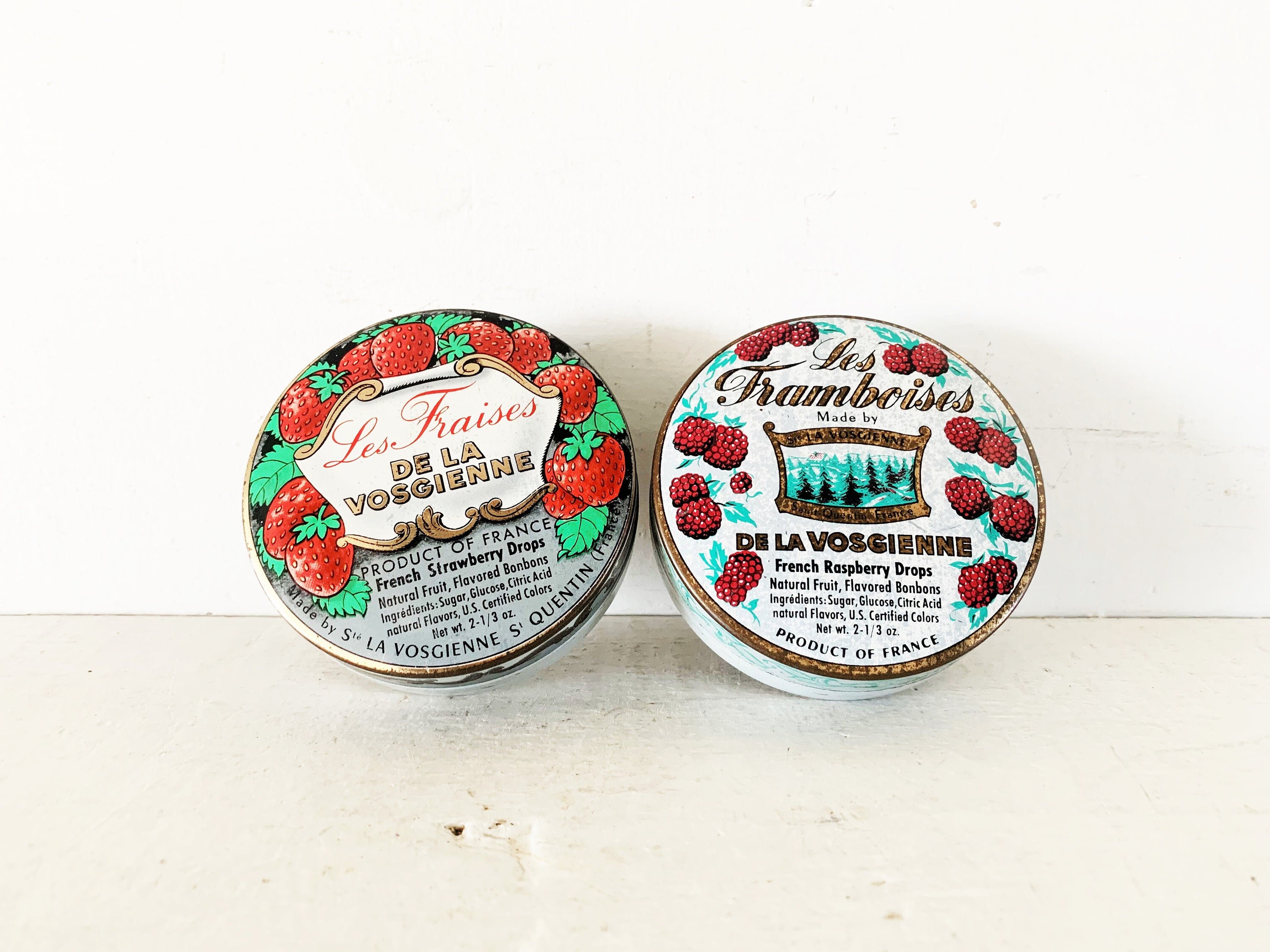 Pair of Vintage French Hard Candy Tins/les Fraises De La Vosgienne 
