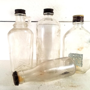Collection of 4 Vintage Half Pint Sized Glass Bottles w/ Original Caps Farmhouse Kitchen Vintage Glass Bottle Collection Shabby Chic Bottles