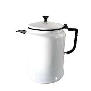 Large White Black Trim Enamelware Kettle – Great Condition Farmhouse Pot
