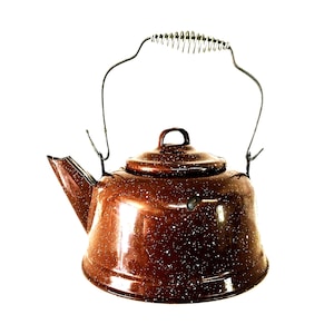 Vintage Brown and White Speckled Enamelware Kettle Farmhouse Kitchen Brown Enamel Kettle