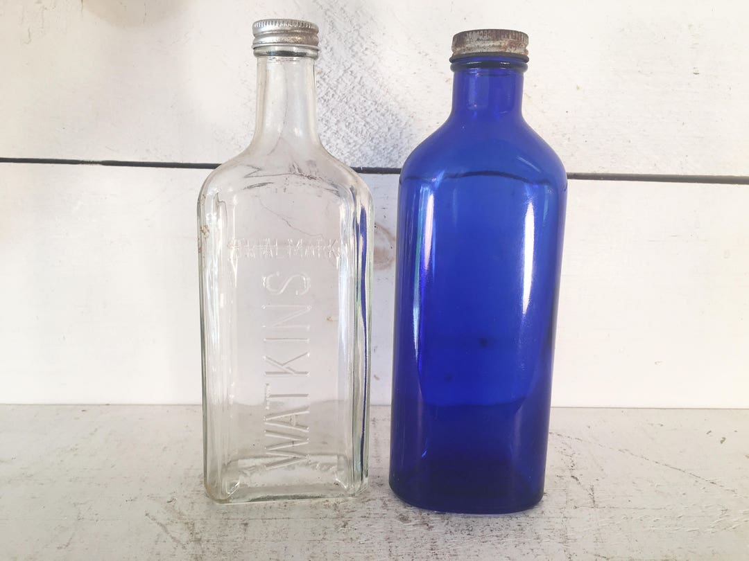 Pair of Vintage Glass Bottles/watkins Vanilla Bottle and a Cobalt Blue Glass Bottle/farmhouse