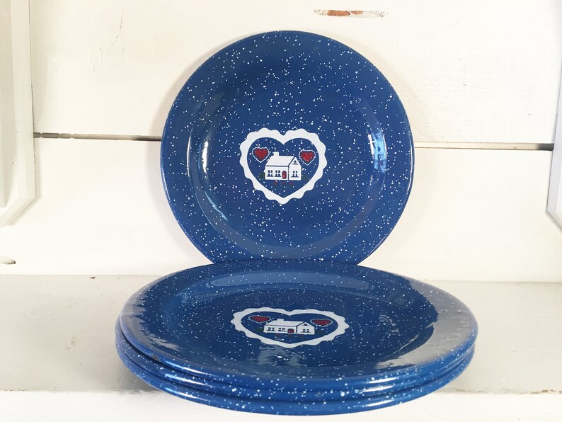 Set of 4 Blue and White Speckled Enamelware Dinner Plates W/ a Etsy