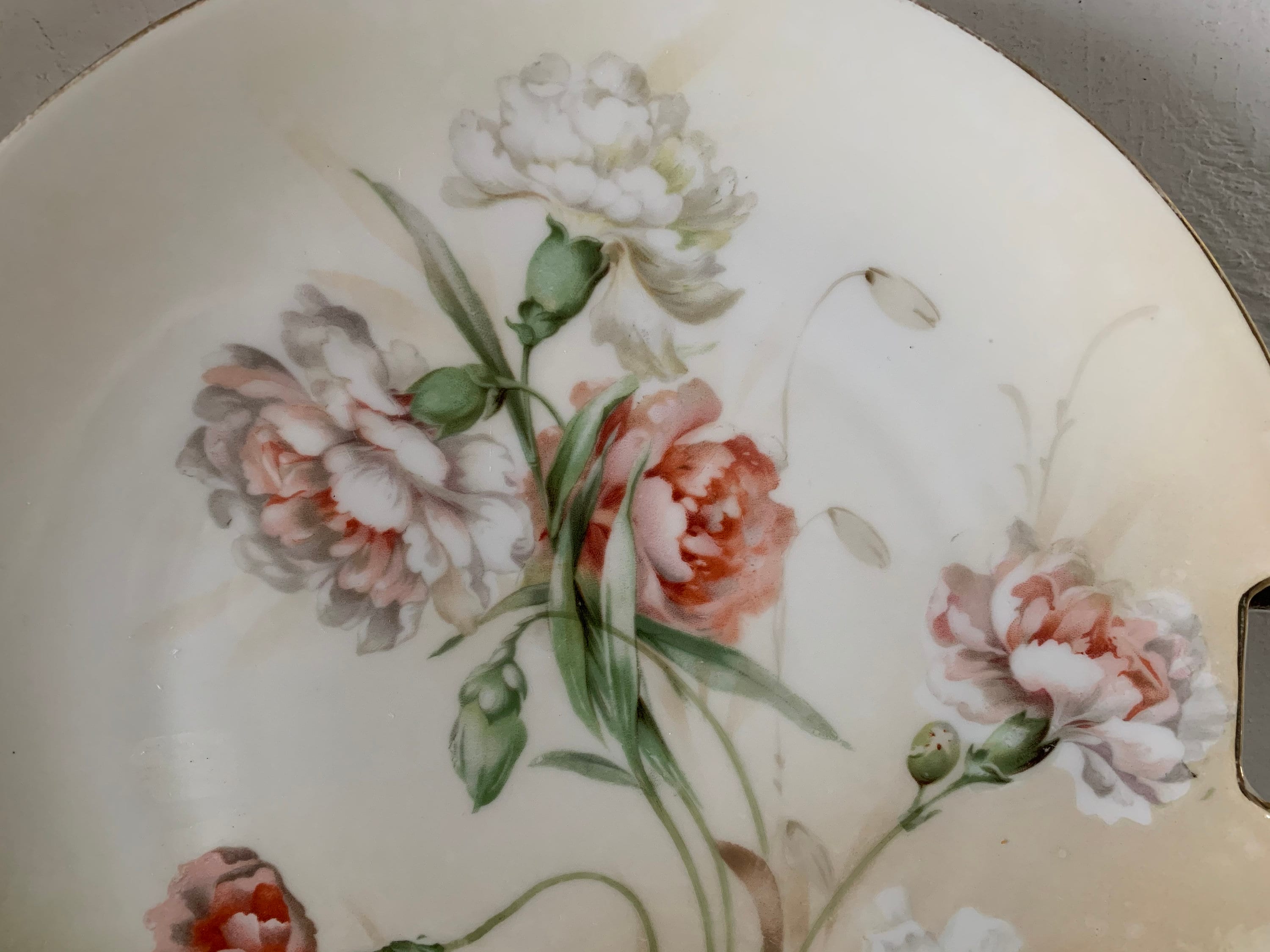 アンティークR Sドイツ製クリーム色の背景と白オレンジの花柄グリーン