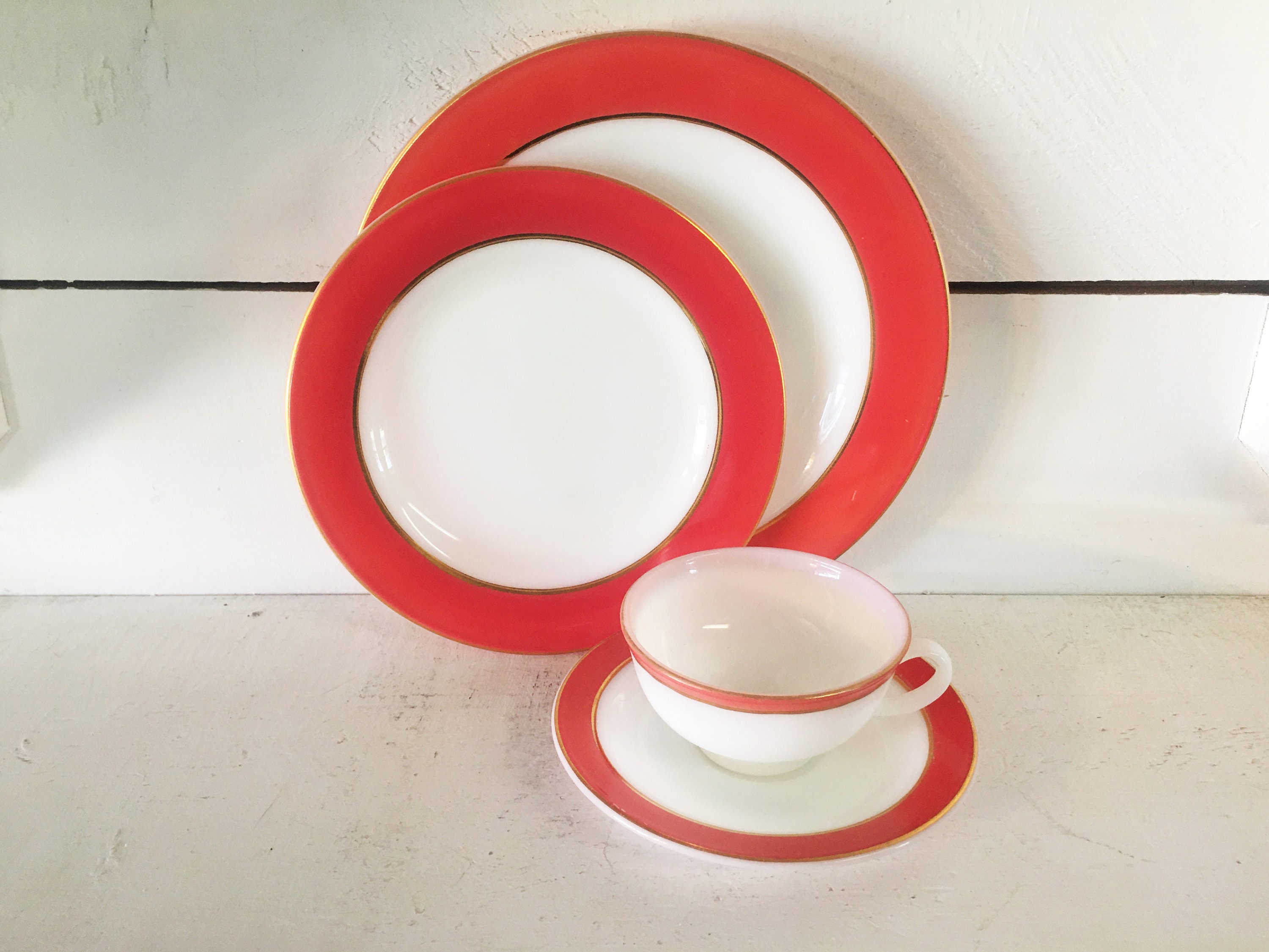Vintage Pink Flamingo Pyrex Dinner Set, Coral Gold Trimmed