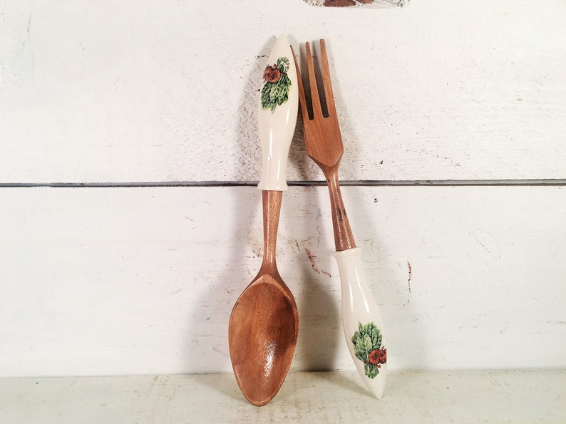Vintage Wooden and Ceramic Handled Salad ServersFarmhouse Kitchen Onion and Greens Themed Ceramic Handled Salad Fork and Spoon