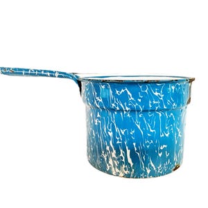 Vintage rustikale blaue und weiße Spatterware große Emaille Saucen-Topf (Topf mit Doppelkessel) blau-weißen Emaille-Topf