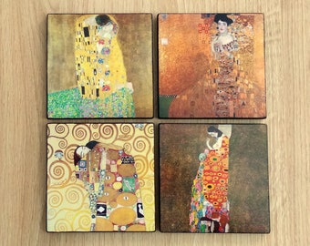 Klimt Wood Coasters Set Of 4, Art Coasters, Wooden Coasters, The Kiss, Portrait Of Adele Bloch-Bauer, Hope II, Table Decoration