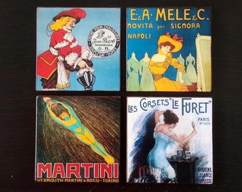 Wood Coasters Vintage Posters Set Of 4 Pieces, Birthday Gift For Friend, Wood Coasters, Kitchen Decoration, Belle Epoque