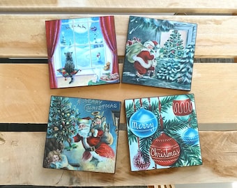 Christmas Coasters Made From Old Christmas Cards Set Of 4, Christmas Gift, Vintage Christmas Stuffing, Wooden Coasters