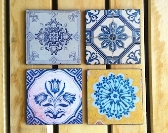 Wood Coasters With Moroccan Tile Print Set Of 4 Pieces, Birthday Gift For Friend, Wooden Coasters, Kitchen Decoration, Table Decor