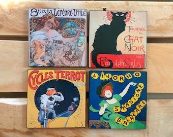 Wood Coasters Vintage French Posters Set Of 4 Pieces, Birthday Gift For Friend, Belle Epoque print