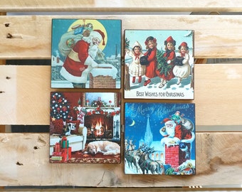 Christmas Wood Coasters Made From Old Christmas Cards Set Of 4, Vintage Christmas, Xmas Decoration, Wooden Coasters, Santa Claus