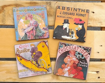 Wooden Coasters Vintage French Posters Set Of 4 Pieces, Birthday Gift For Friend, Belle Epoque