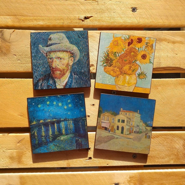 Van Gogh Untersetzer 4er Set, Kunstdruck Untersetzer, Holzuntersetzer, Sonnenblumen, Selbstportrait, Sternennacht, Trinkgefäße