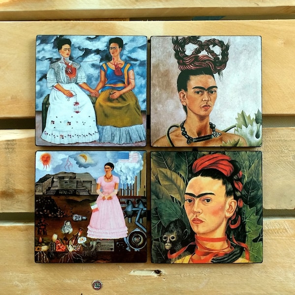 Coasters Frida Kahlo Print Set Of 4 Pieces, Birthday Gift For Friend, Table Decoration, Wood Coasters