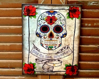 Dia De Muertos Sign, Gift For Friend, Skull Design, Skeleton Signs, Wall Hanging Art, Housewarming Gift