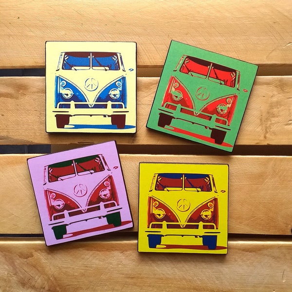 Volkswagen Coasters Set of 4 Pieces,  Volkswagen Bus, Pop Art Print, Classic Car, Gift For Him, Coasters With Cars