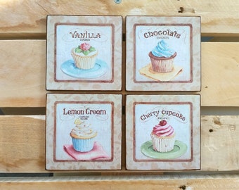 Wooden Coasters Cupcakes Set Of 4 Pieces, Birthday Gift For Friend, Coffee Coasters, Kitchen Decoration