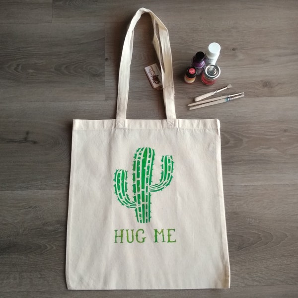 Tote Bag Hug Me, Cactus Shoulder Bag, Birthday Gift For Her, Stencil Art