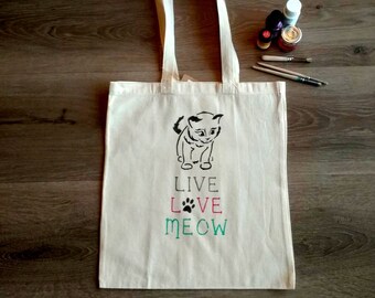 Cat Bag Live, Love, Meow, Gift For Friend, Canvas Tote Bag With Quote