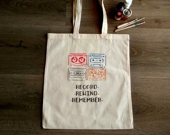 Tote Bag Record Rewind Remember, Birthday Gift For Friend, Shoulder Bag, Canvas Shopping Bag, Stencil Art