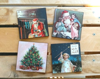 Christmas Coasters Made From Old Christmas Cards Set Of 4, Vintage Christmas Stuffing, Christmas Gift, Xmas Decoration, Santa Coasters