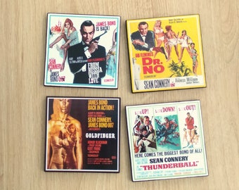 James Bond Coasters Set of 4, Classic Movie Coasters, Wood Coasters, James Bond Movie Posters, Handmade Wooden Coasters, Sean Connery