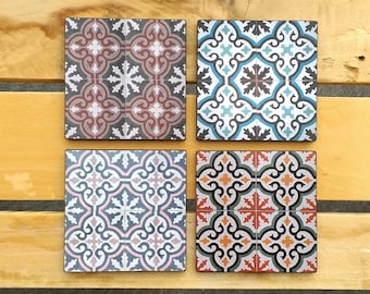 Wood Coasters Maltese Tile Print Set Of 4 Pieces, Birthday Gift For Friend, Wooden Coasters