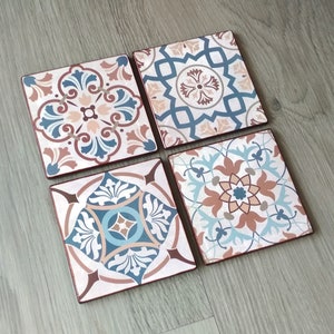 Wood Coasters With Vintage Tile Print Set Of 4 Pieces, Birthday Gift For Friend, Table Decoration