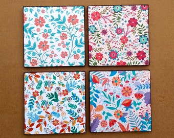 Coasters Floral Print Set of 4 Pieces, Wooden Coasters, Flower Coasters