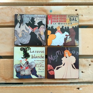 Coasters Toulouse Lautrec, Set Of 4 Pieces, French Posters Coasters, Toulouse Lautrec Art Print, Wooden Coasters For Desk