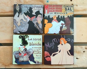 Coasters Toulouse Lautrec, Set Of 4 Pieces, French Posters Coasters, Toulouse Lautrec Art Print, Wooden Coasters For Desk