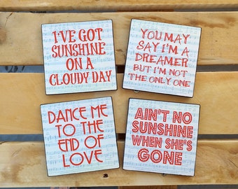 Wooden Coasters With Lyrics Set Of 4 Pieces, Leonard Cohen, Wood Coasters, Table Decoration, John Lennon, Music Coasters